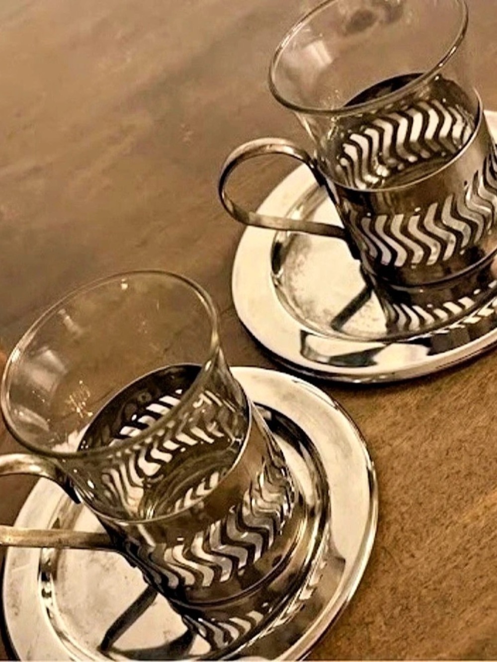 Mid Century Modern Silver & Glass Cup and Saucer Set